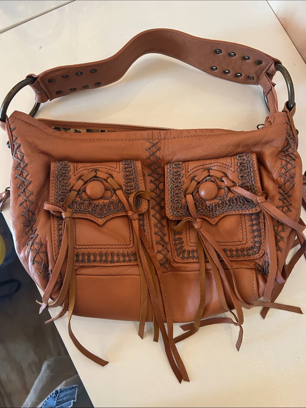 Vintage Betsy Johnson Y2K Women’s Brown Leather Fringe Shoulder Bag